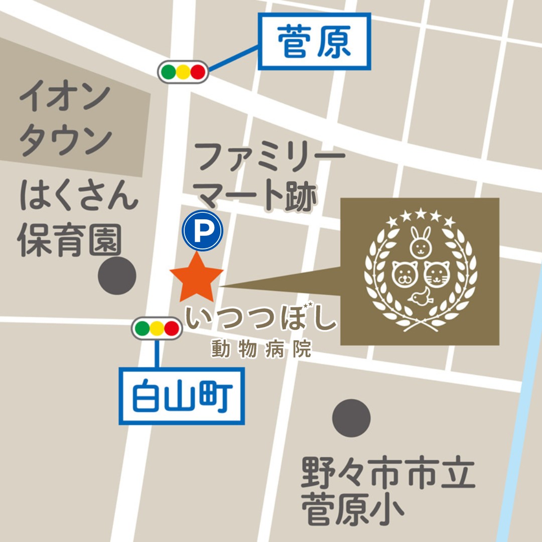 いつつぼし動物病院 アクセスマップ 石川県野々市市菅原町 イオンタウン野々市近く、
「菅原」交差点と「白山町」交差点の間に位置します。