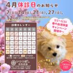 2026年4月 休診日カレンダー案内　いつつぼし動物病院 石川県野々市市