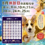 2026年8月 休診日カレンダー案内　いつつぼし動物病院 石川県野々市市