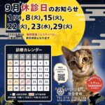 2026年9月 休診日カレンダー案内　いつつぼし動物病院 石川県野々市市