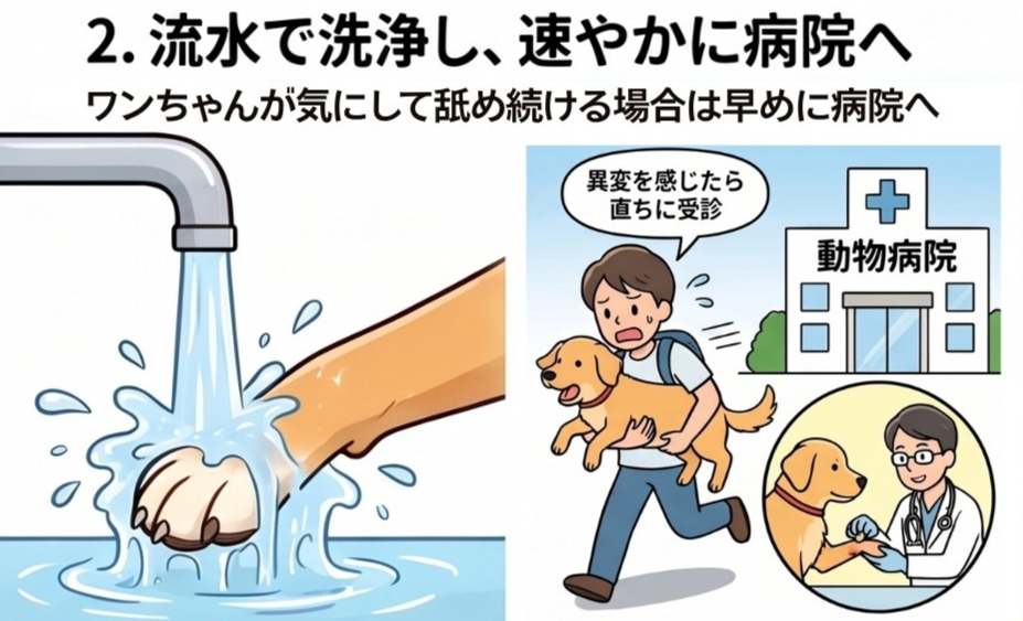 イラガに刺された犬のケア：患部を水道の流水でしっかり洗浄し、速やかに動物病院を受診・治療するまでの流れの解説イラスト