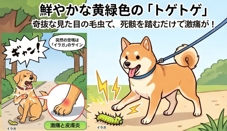 犬が散歩中にイラガの幼虫を踏んで突然悲鳴を上げたときの様子と、トゲによる激痛やイラガ皮膚炎の症状を説明するイラスト