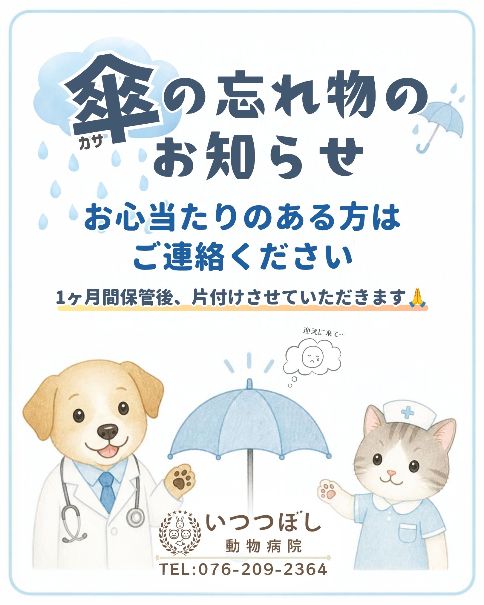 いつつぼし動物病院 傘のお忘れ物と保管期間（1ヶ月）のお知らせ